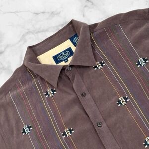 Nat‎ Nast Mens XL Brown Silk Embroidered Striped Camp Shirt Cabana Beach Casual